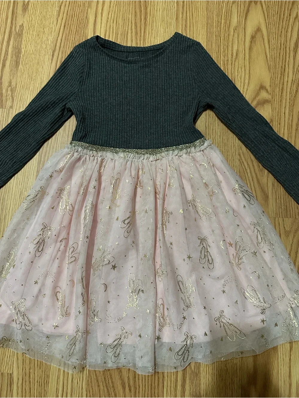 Gray Ribbed Top with Pink Gold Tulle Skirt Dress